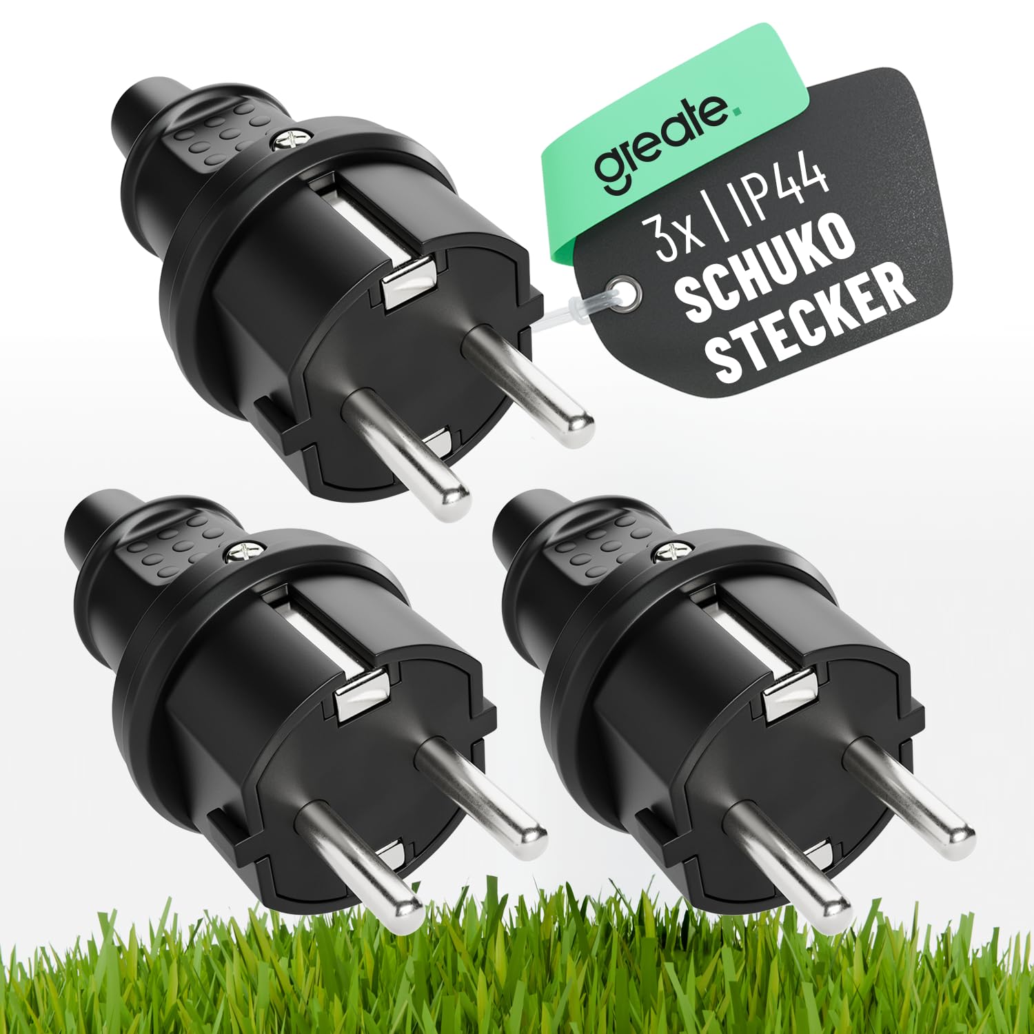 greate 3x Schuko Stecker Aussenbereich mit Knickschutz - Schukostecker Gummi mit Zugentlastung, 2-polig, 230V, 16A & 3,7kW - IP44 Schukostecker Außenbereich schwarz - Schutzkontakt Stecker 230V