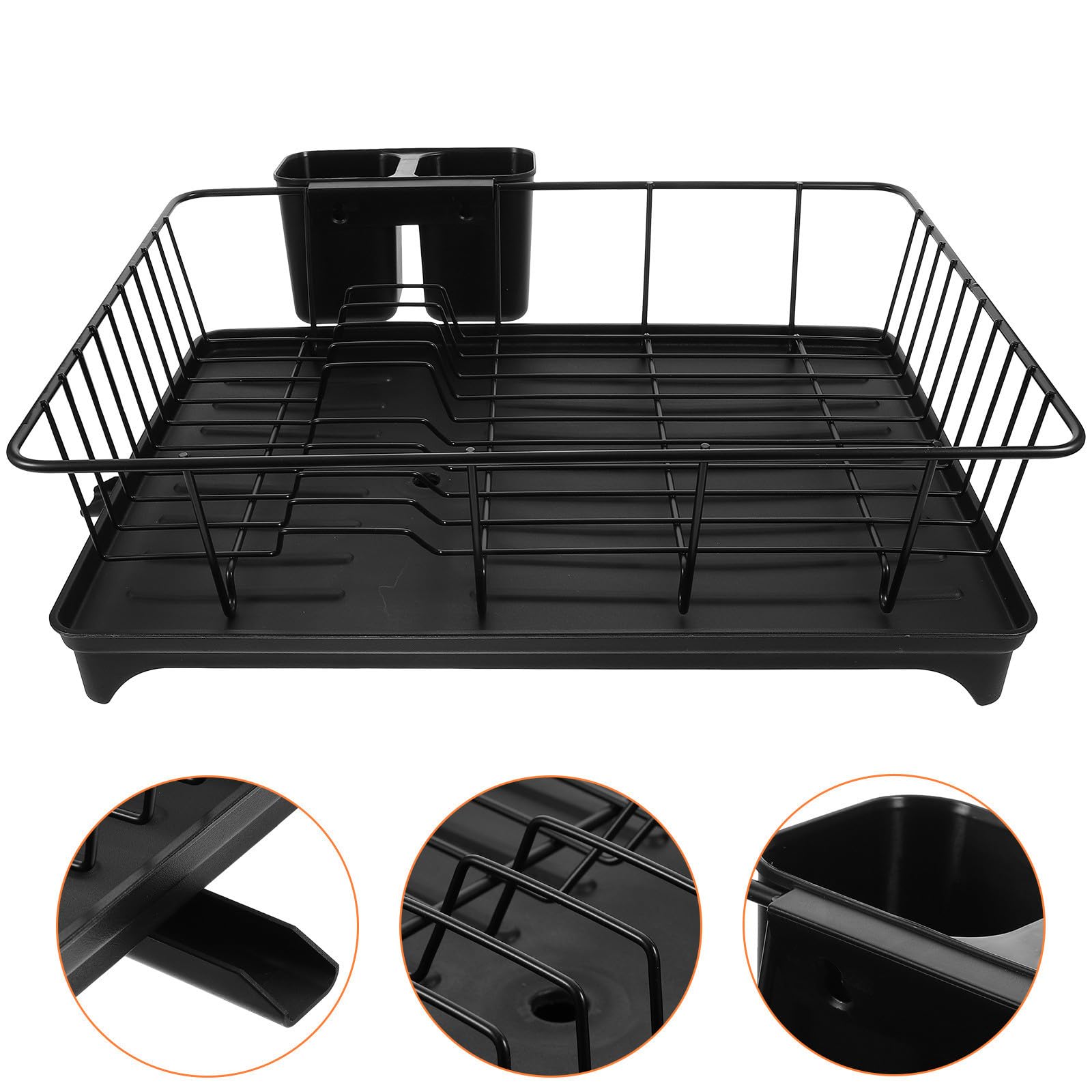 Escurridor de Platos y Porta Utensilios de Cocina Negro Gran Capacidad, Rejilla de Secado de Metal y Soporte para Cubiertos Drenaje Automático