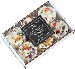 Creative Magic Candles by New Moon Beginnings - Focus, Creativity, & Concentration - Herb & Crystal Candles - Soy Aromatherapy Candle - Set of 6 Tealights