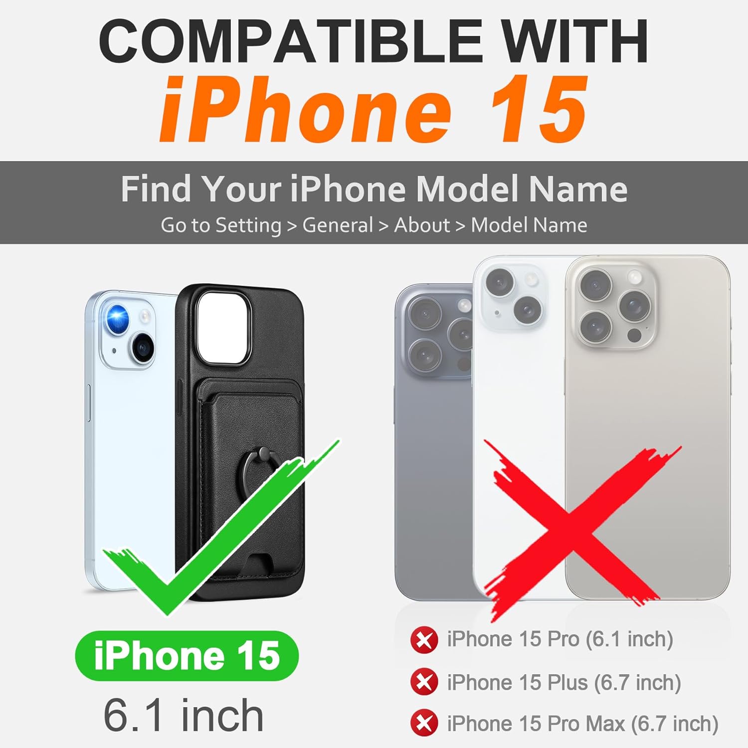 SHIELDON Genuine Leather Case for iPhone 15 + Detachable Magnetic Card Holder, [Slim][Protective][Magnetic Wireless Charging][Secure-Grip Ring Stand][RFID Blocking] Compatible with iPhone 15 - Black