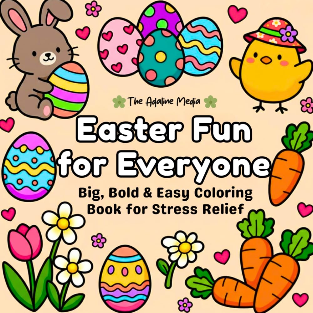 Easter Fun for Everyone: Big, Bold and Easy Designs for Adults and Kids. A Family-Friendly Coloring Book for Stress Relief Featuring Cute Items