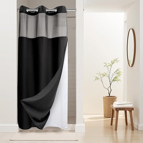 Cortina de baño River Dream de gran peso sin ganchos necesarios con diseño de gofre punteado y forro a presión - 36W x 74H, de calidad hotelera,