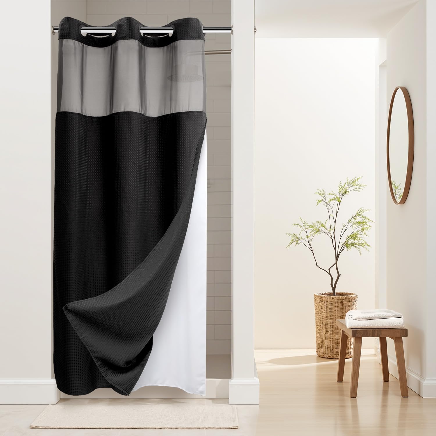 RiverDream Heavyweight Waffle No Hook Shower Curtain with Liner,Black,36x74