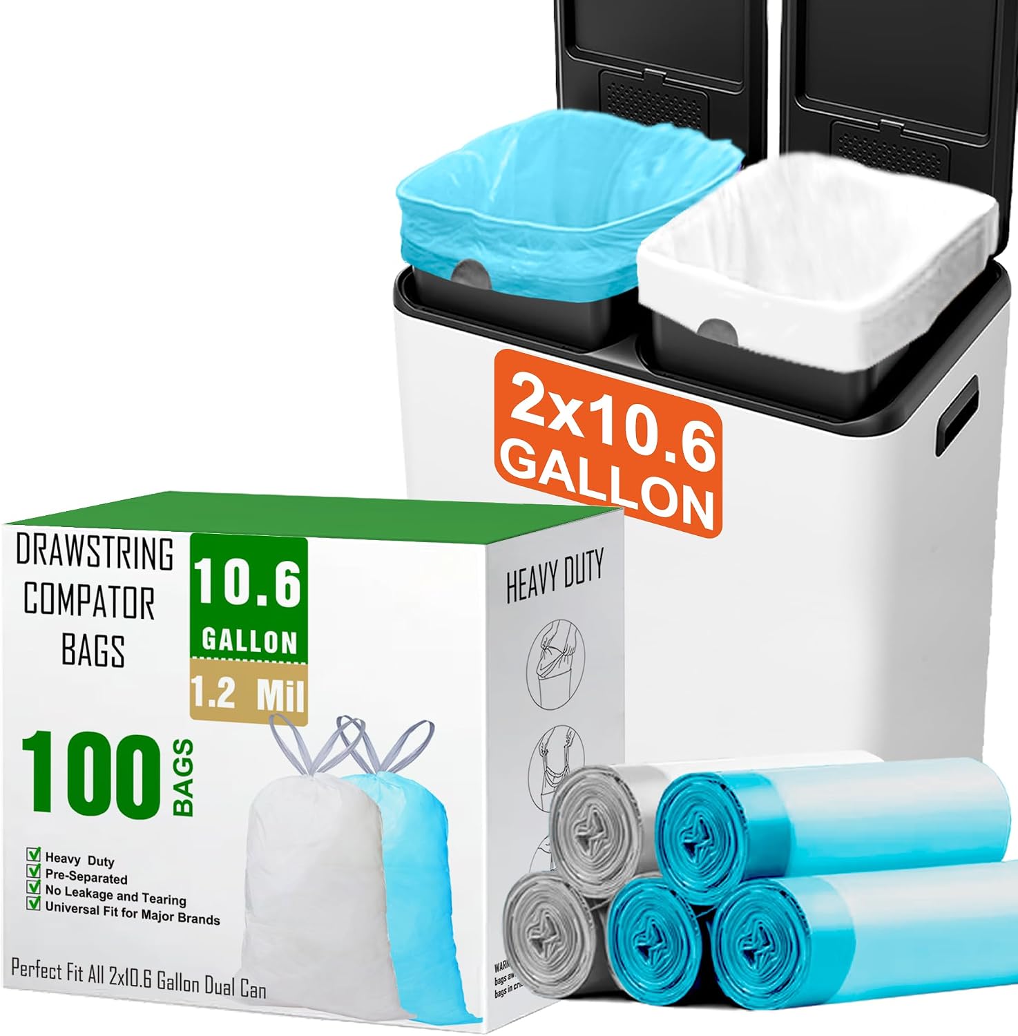 10.6 Gallon Trash bags for Dual Compartment Can (2 x 10.6 Gallon) 100 Count 1.2 Mil Thickness Blue White Drawstring Kitchen Garbage Liner Pre-Separated Compatible with All 10.6 Gallon Dual Can