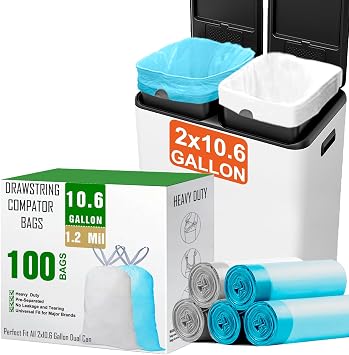 10.6 Gallon Trash bags for Dual Compartment Can 100 Count | 1.2 Mil Thickness, Blue White , Pre-Separated, Compatible with All 10.6 Gallon Dual Can Drawstring Liners