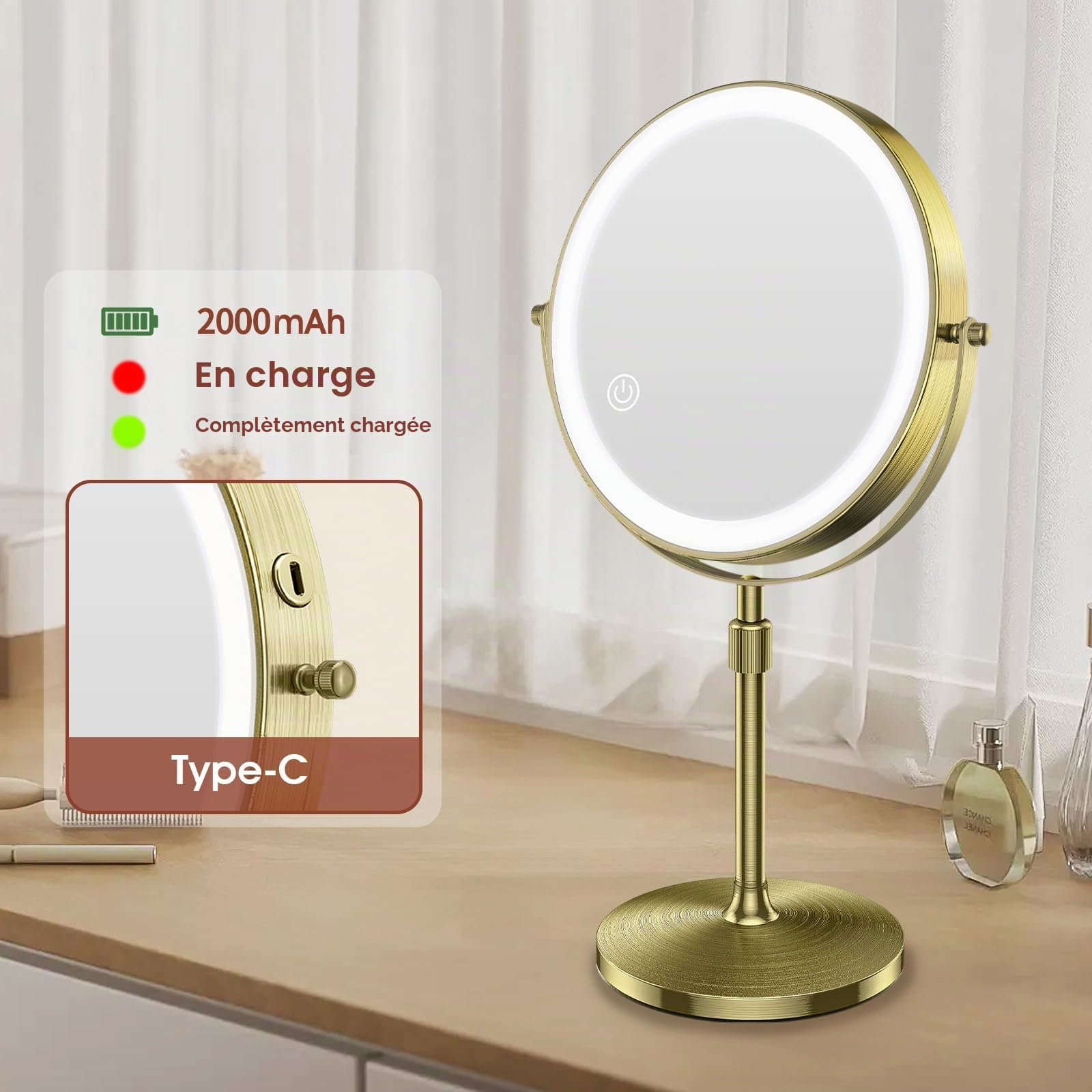 MATEPROX Miroir de Maquillage Rétro Européen avec Lumière Miroir Haute Définition à Hauteur Réglable, 3 Modes d'Éclairage, Grossissement 1x/10x, Rotation à 360 Degrés-Or