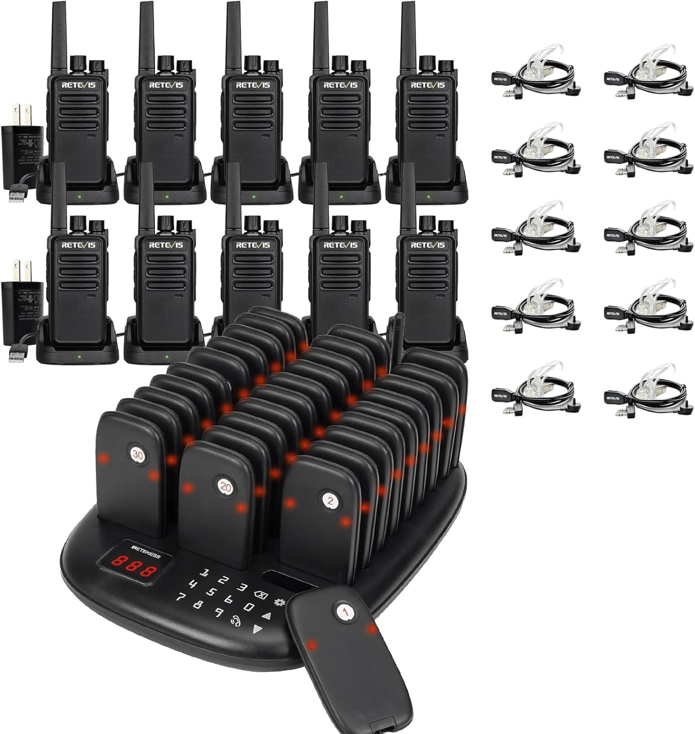 Retevis RT68 Walkie Talkies Bundle with Retekess TD175P Restaurant Pager System, Two-Way Radios Long Range with Charging Base, 30 Order Buzzers for Restaurant, Food Court, Firms