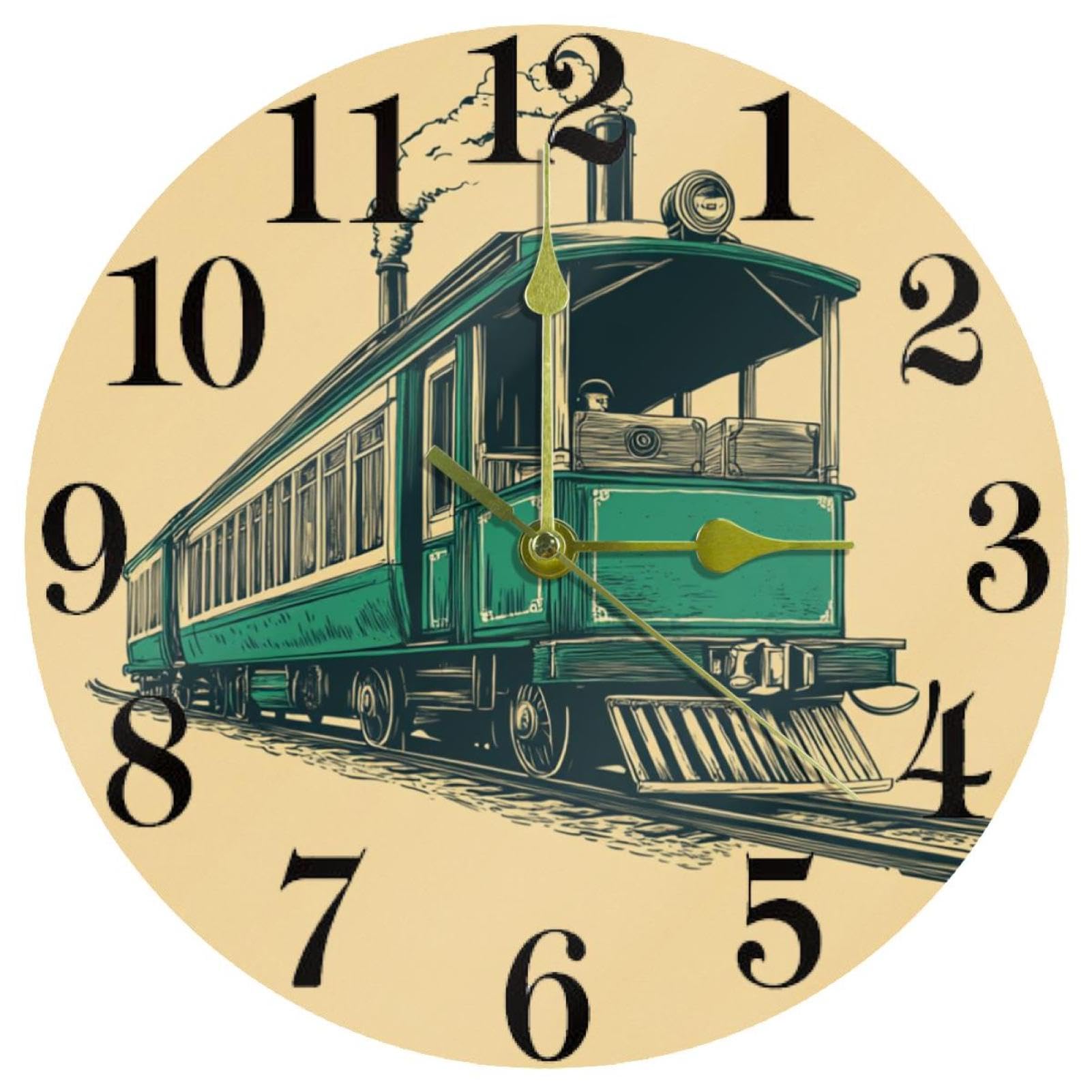 Horloge murale rétro train vert avec mouvement quartz silencieux