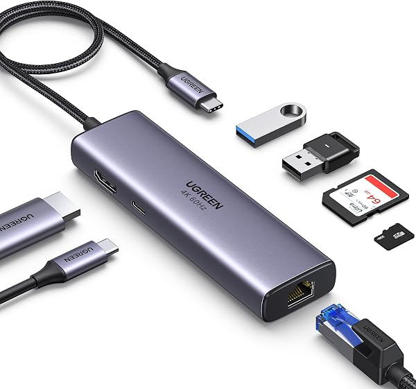 UGREEN Revodok 7 in 1 USB C Hub Gigabit Ethernet Adapter 4K@60Hz HDMI, 100W PD Charging, USB A Data Ports, SD/TF Card Re