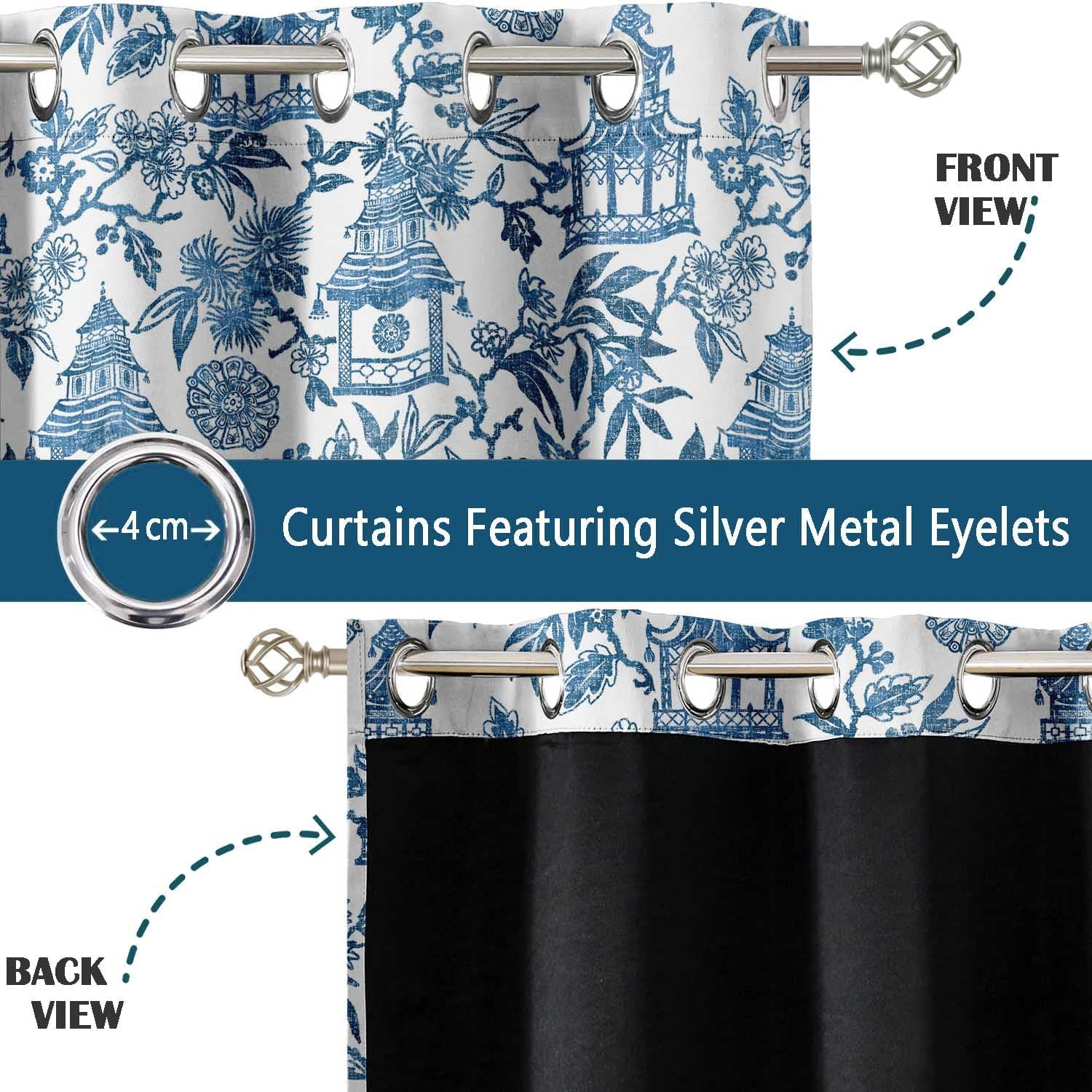 Printed Blackout Curtains - Blue Pagoda Garden Design, Set of 2 Panels, 42 x 63 Inches - Room Darkening, Thermal Insulated Window/Door Drapes with Grommets