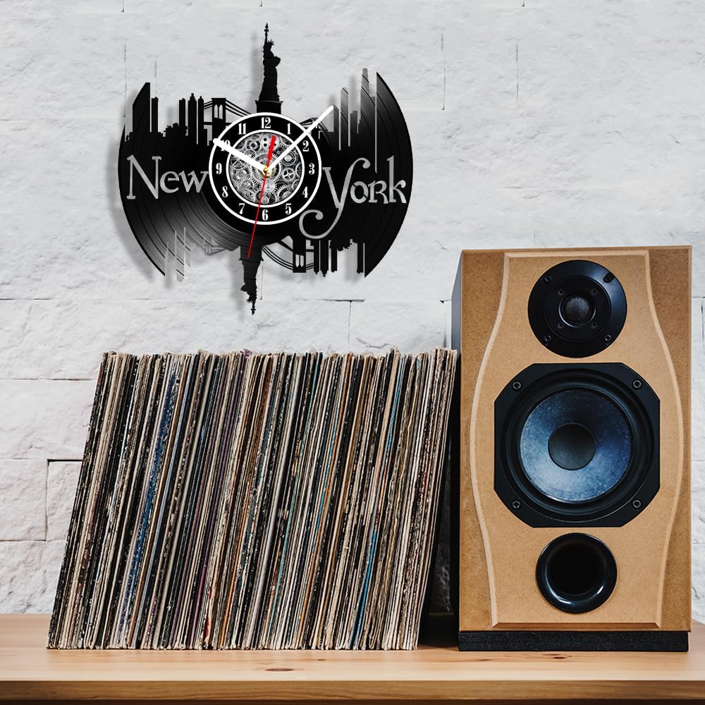 The Geeky Days New York Brooklyn Bridge Skyline Vinyl Record Wall Clock Manhattan Cityscape Home Decor Silent Movement Timepieces Battery Operated Carved Music Album Retro Longplay Art Wall Clock
