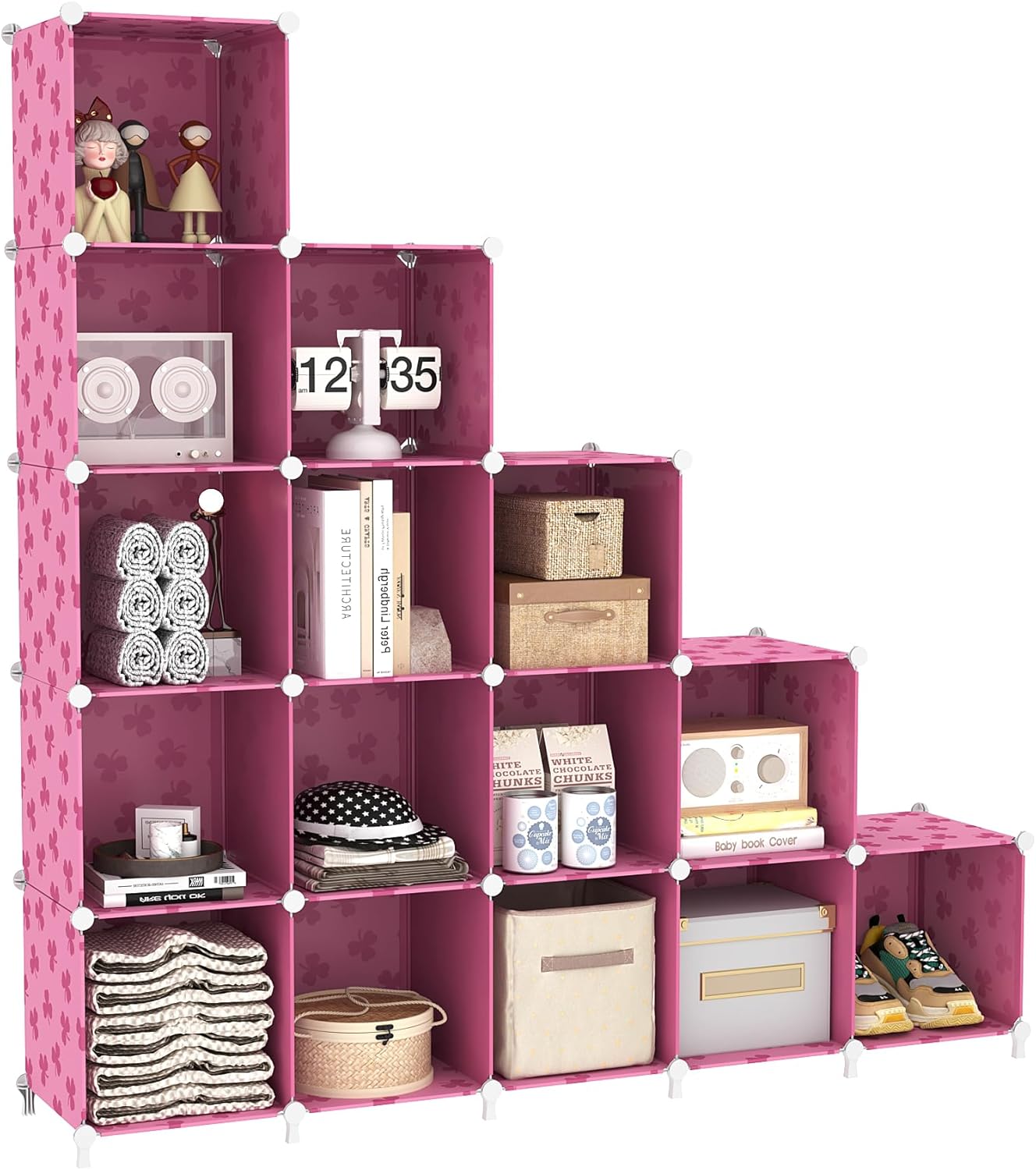 UNKU Cube Storage Organizer, 16 Cube Closet Organizer Storage Shelves, DIY Stackable Bookcase, Clothes Organizer Shelf for Closet, Bedroom, Living Room, Cabinet, Home, Office, Pink