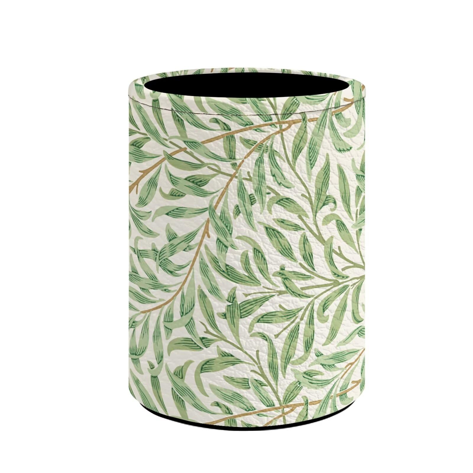 Buxolandt Fresh Green Willow Leaf Print Pencil Pen Holder Cup Round Leather Makeup Brush Holder Storage Organizer Desktop Pencil Cup for Home Office Supplies Classroom Library, Desk Accessories