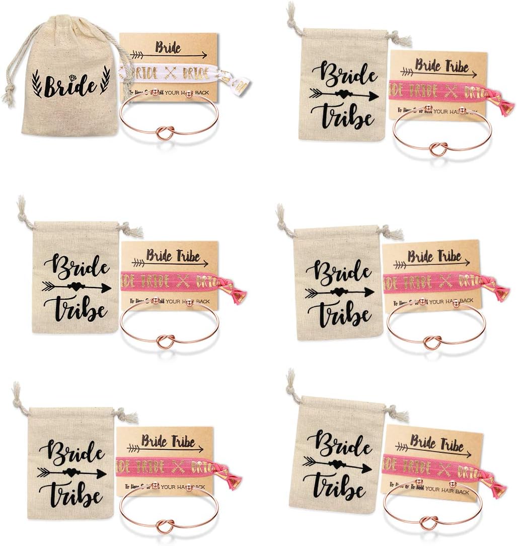 MOOKOOBridemaid Love Knot Bracelets set - Mookoo 9 7 6 Set Bride Tribe Hair Tie and Bracelets Bridal Shower Cuff for Girls Women (6 bride tribe with 6 bags)