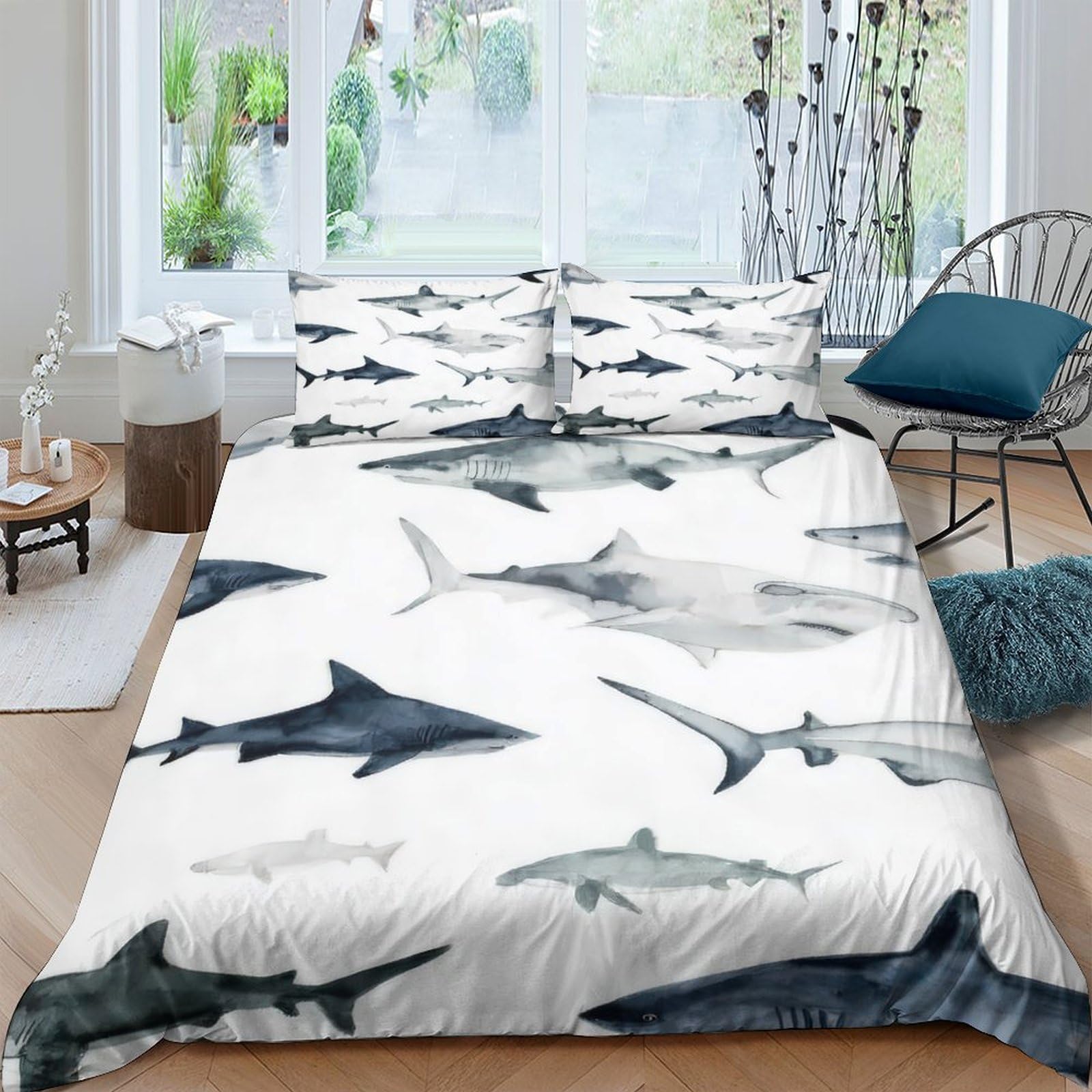 GPLZQXKJNH 3D Printed Shark Ocean Duvet Cover Microfiber Soft Breathable Hammerhead Bedding Set with 2 Pillowcases for Bedroom Decor Single（135x200cm）