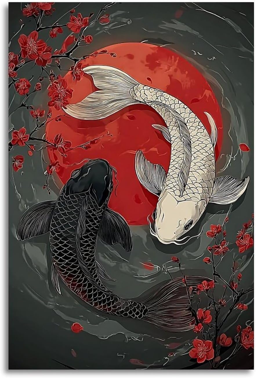 larbulse Unframe Japanese Yin Yang Koi Fish Cherry Blossom Canvas Wall Art Home Decor Posters Vintage Funny Print Picture Abstract Bedroom Living Room Kitchen Posters Decor, 20x30inch(50x75cm)