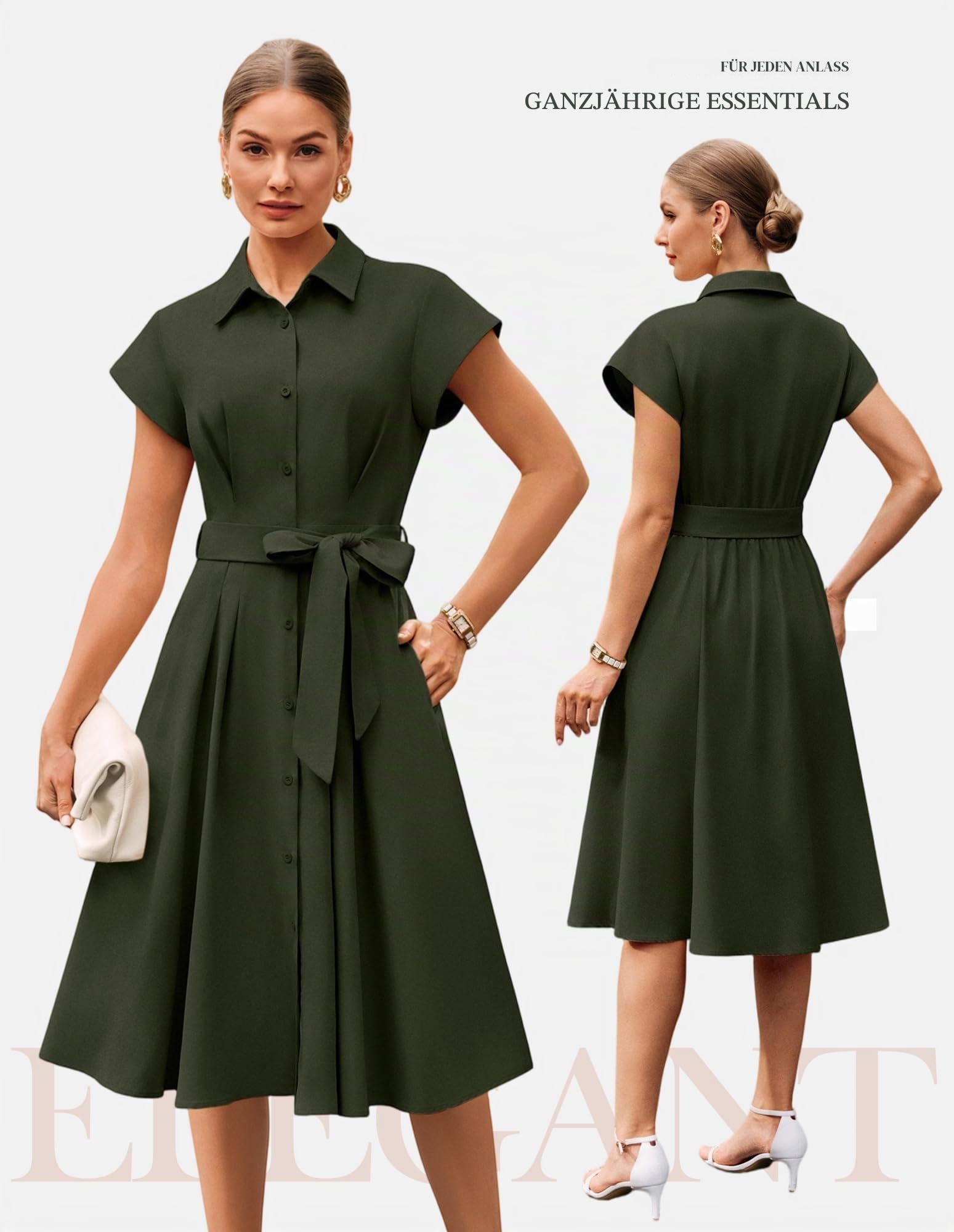 GRACE KARIN Damen Sommer Kurzarm Reverskragen Knöpfen Taillengürtel Kleid Elegant A-Linie Midi Blusenkleid mit Taschen