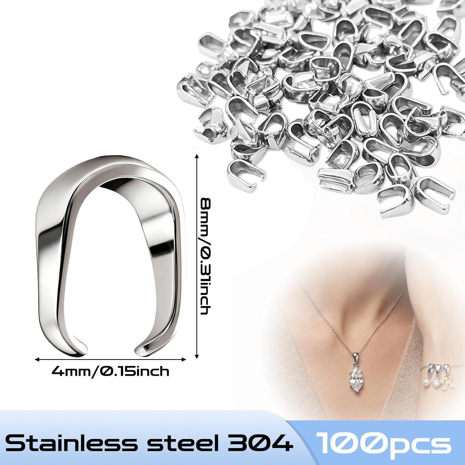 100PCS 304 Stainless Steel Pinch Clip Bail Clasps,0.16 Inch,Pendant Holders Connector Findings for Jewelry Making,Sturdy Necklace Charm Findings[4X8mm]