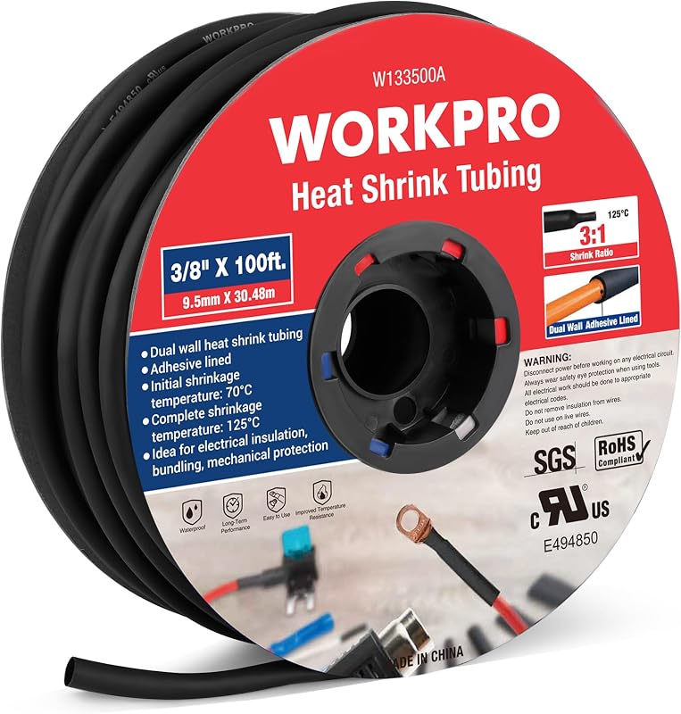 WORKPRO Tubo termorretráctil de 3/8", 100 pies, adhesivo de doble pared 3:1, negro | grado industrial y marino, sello impermeable, aislamiento, resistencia a la abrasión y a la corrosión, retardante de llama