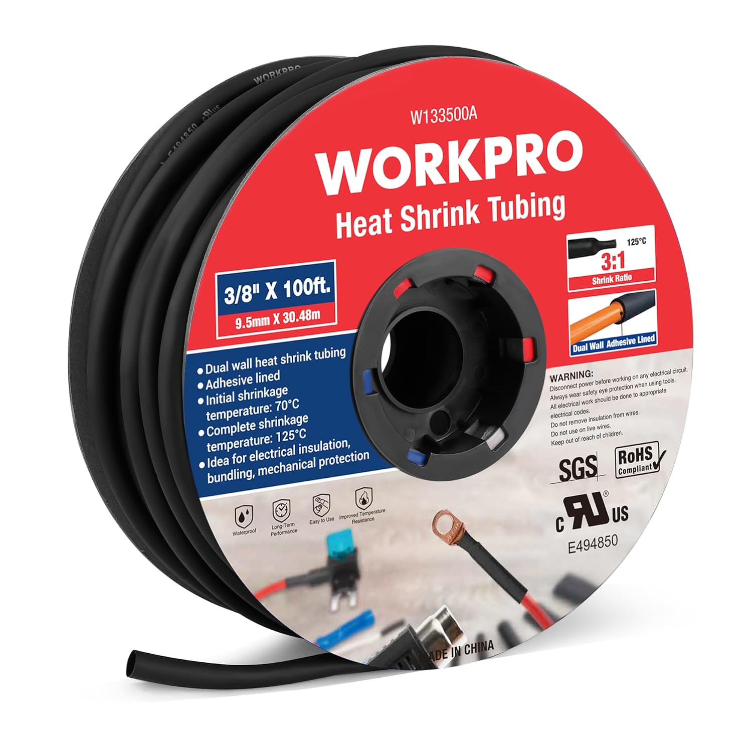 WORKPRO 100 FT 3/8" Heat Shrink Tubing, 3:1 Ratio Dual Wall Adhesive Lined Heat Wire Shrink Wrap Tubing, Industrial and Marine Grade Shrinking Cable Tube, Flame Retardant and Waterproof, Black