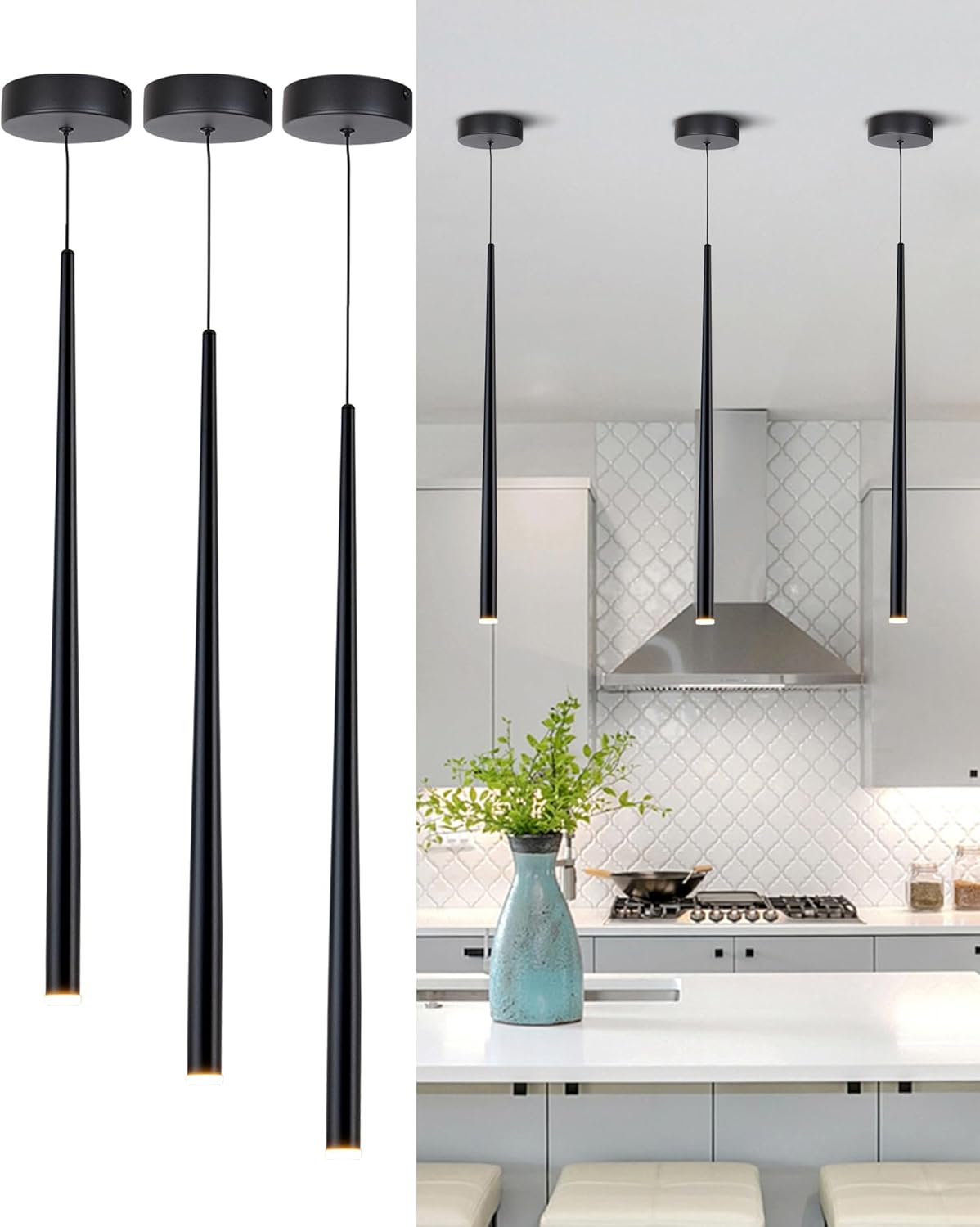 3 Pack Modern Black Pendant Lights, 27.5" Industrial Tube Hanging Light Fixture with Dimmable 4000K LED for Kitchen Island, Dining Room, Bar, Bathroom Black 3Packs