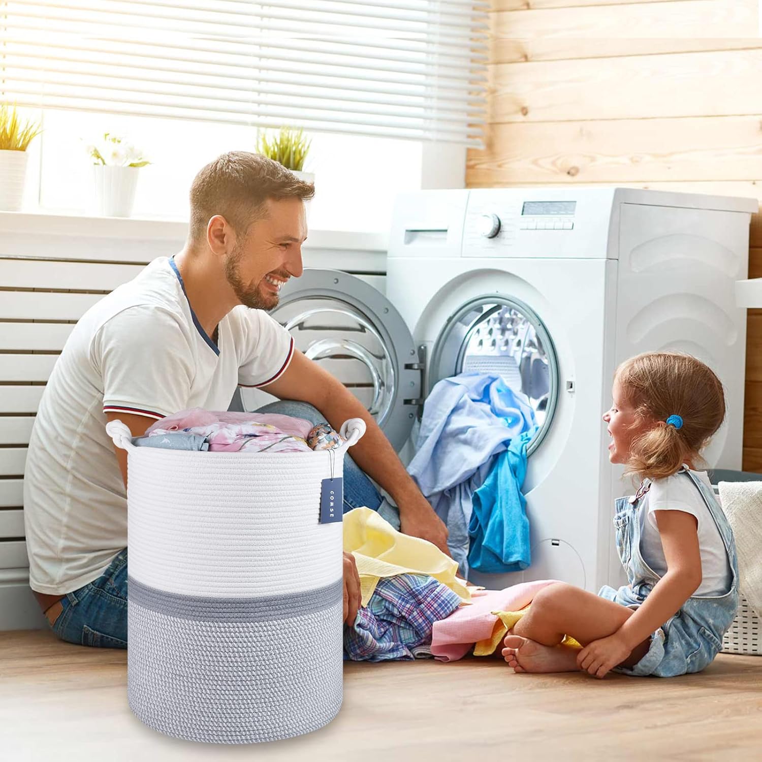 COMSE 2 Pack Tall Laundry Baskets, Tall Blanket Baskets, Laundry Hampers, Cotton Rope Baskets, Toy Baskets, Clothes Baskets, 15.7" x 21.7", White/Gray