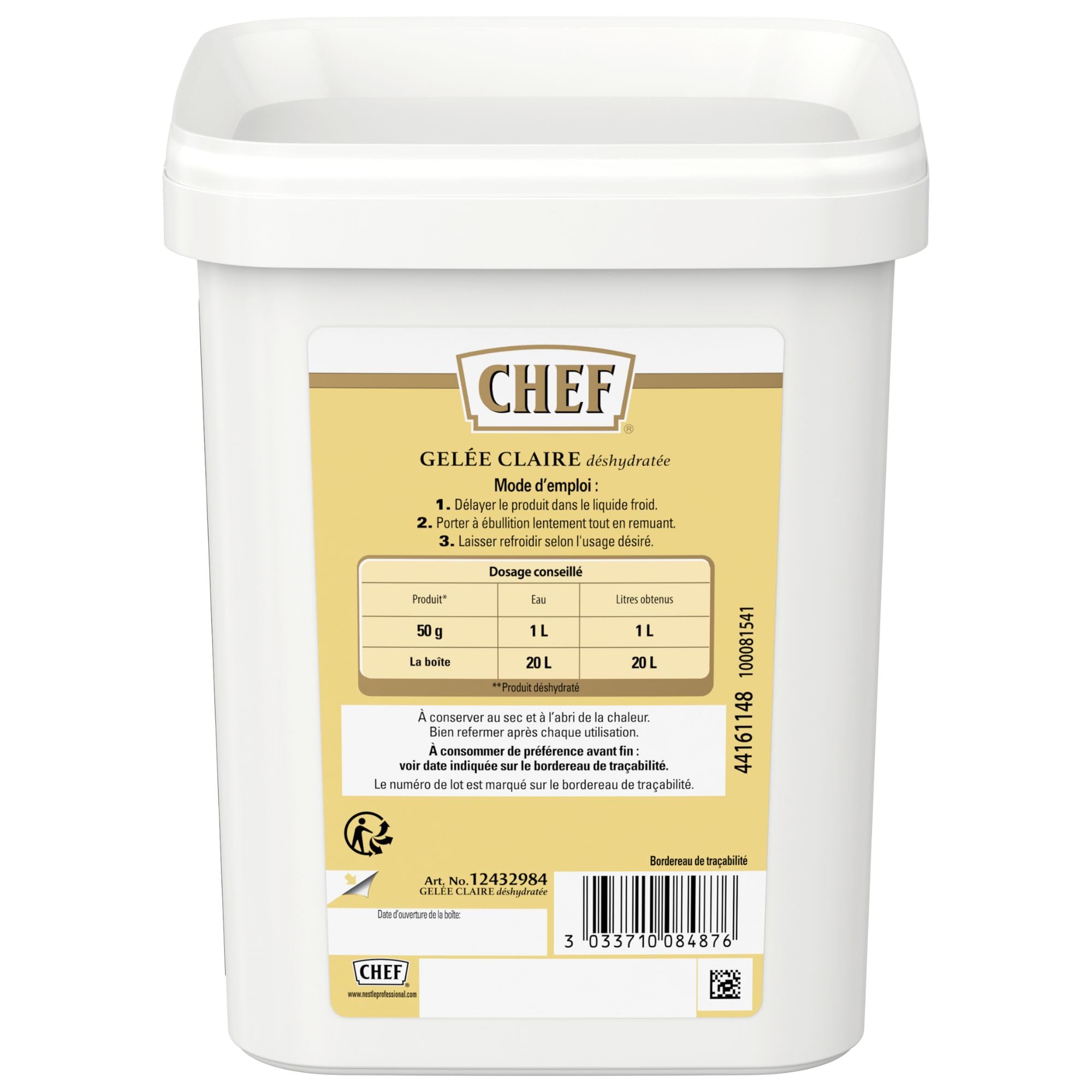 CHEF Gelée Claire Déshydratée - Pour Gelée, Nappage, Décor - A Base de Gélatine de Bœuf 46% - Gain de Temps en Cuisine - Aide Culinaire, Fonds, Fumet, Sauce - Boîte de 1kg pour 20L