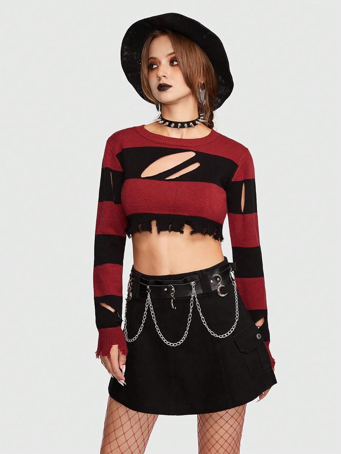 SHENHE Women's Goth Punk Distressed Sweater Cut Out Color Block Grunge Cropped Sweater - Image 4