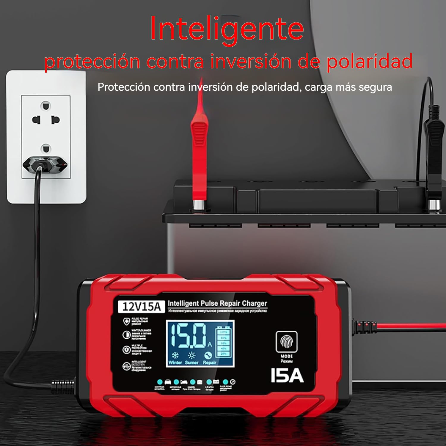 Cargador Baterias Coche 15A - Inteligente Cargador Bateria Moto 12V 15A, Compensación de Temperatura, Apto para Baterías de Plomo-ácido y de Fosfato de Hierro y Litio, Barcos y Motocicletas
