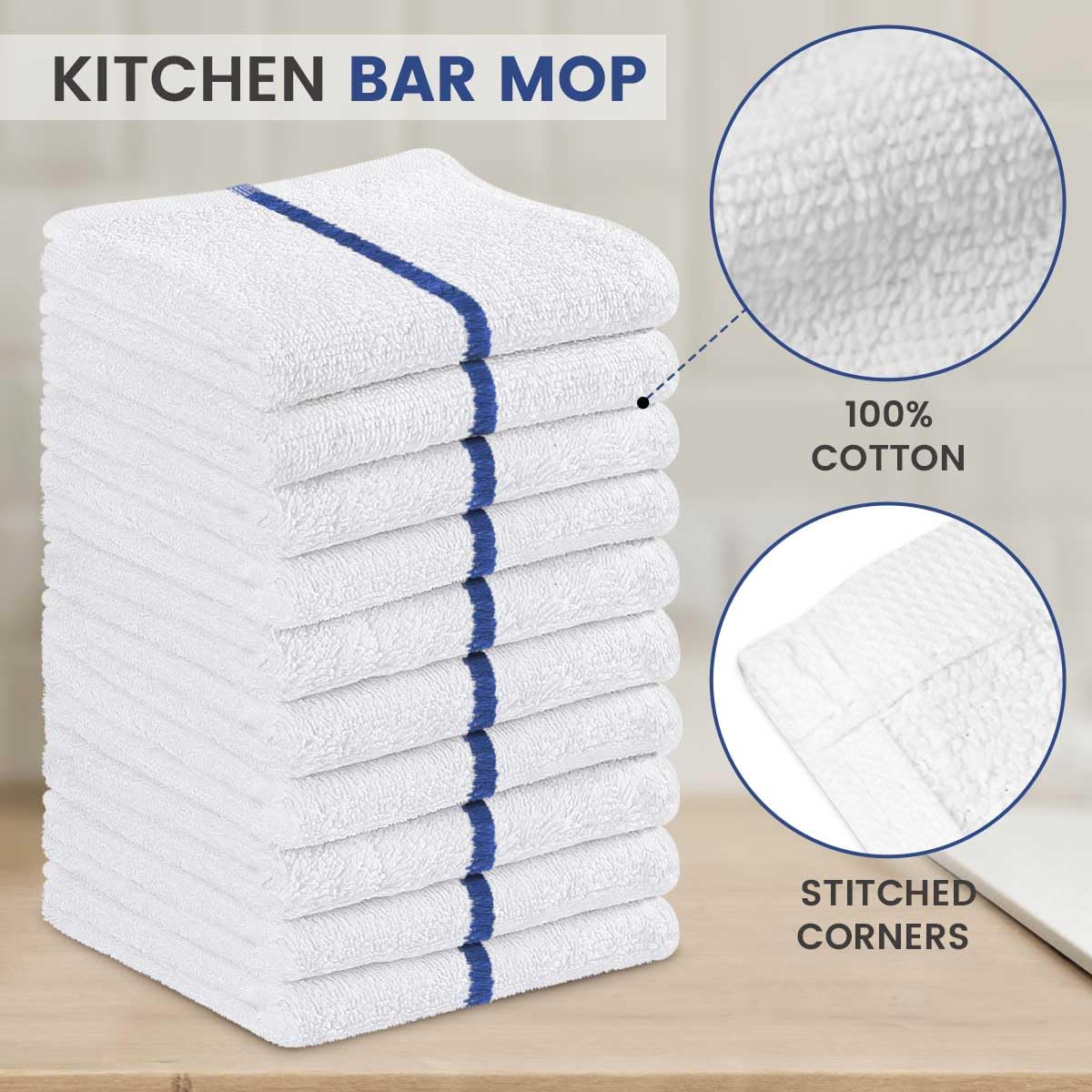 Toallas de bar para cocina, paquete de 50 unidades, 16 x 19 pulgadas, 100 % algodón, altamente absorbentes, trapos de limpieza de secado rápido, toallas de cocina de rizo (rayas azules)