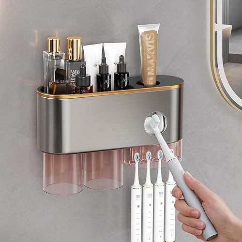 VNYIFAN Soporte para cepillos de dientes mejorado con dispensador de pasta de dientes, exprimidor automático de pastetooth de dientes, organizador