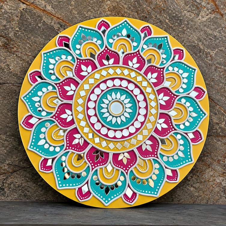 Mandala Wall Art with Mirror Work, Round Decorative Plate | Handcrafted Design, Multicolour Floral Pattern, Mirror Embellishments, Wall Hanging Decor, Vibrant Yellow & Pink-image-17