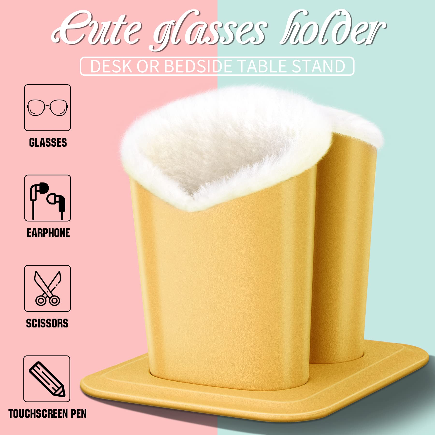 Soporte de cristal de doble ojo, soporte para anteojos de color dulce caramelo con forro de felpa para mesa, escritorio, mesita de noche, Amarillo 3