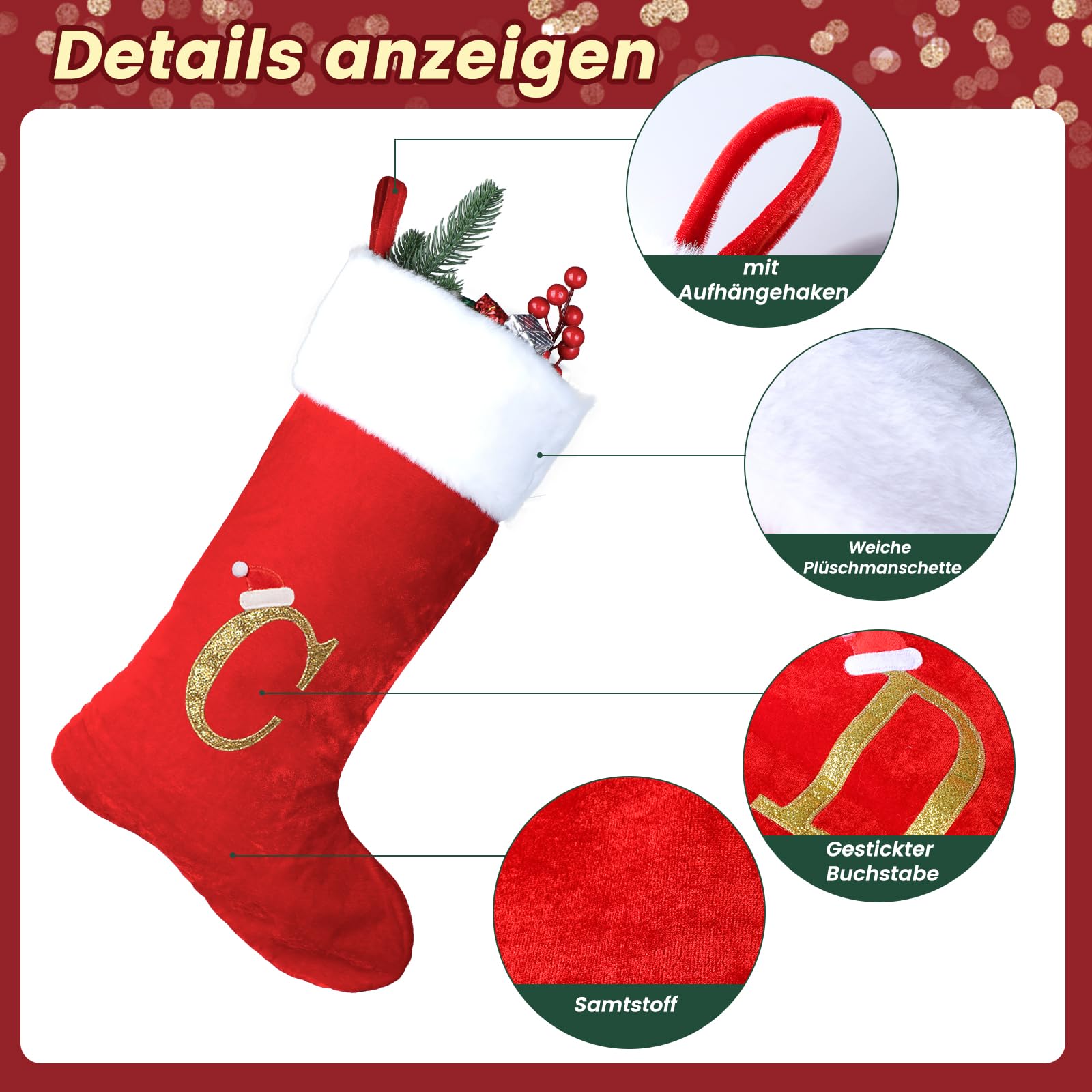 MSQ Chaussettes de Noël personnalisées de 45 cm avec Lettre C Rouge Velours | super doux pour Noël sapin de Noël vacances cheminée famille décoration