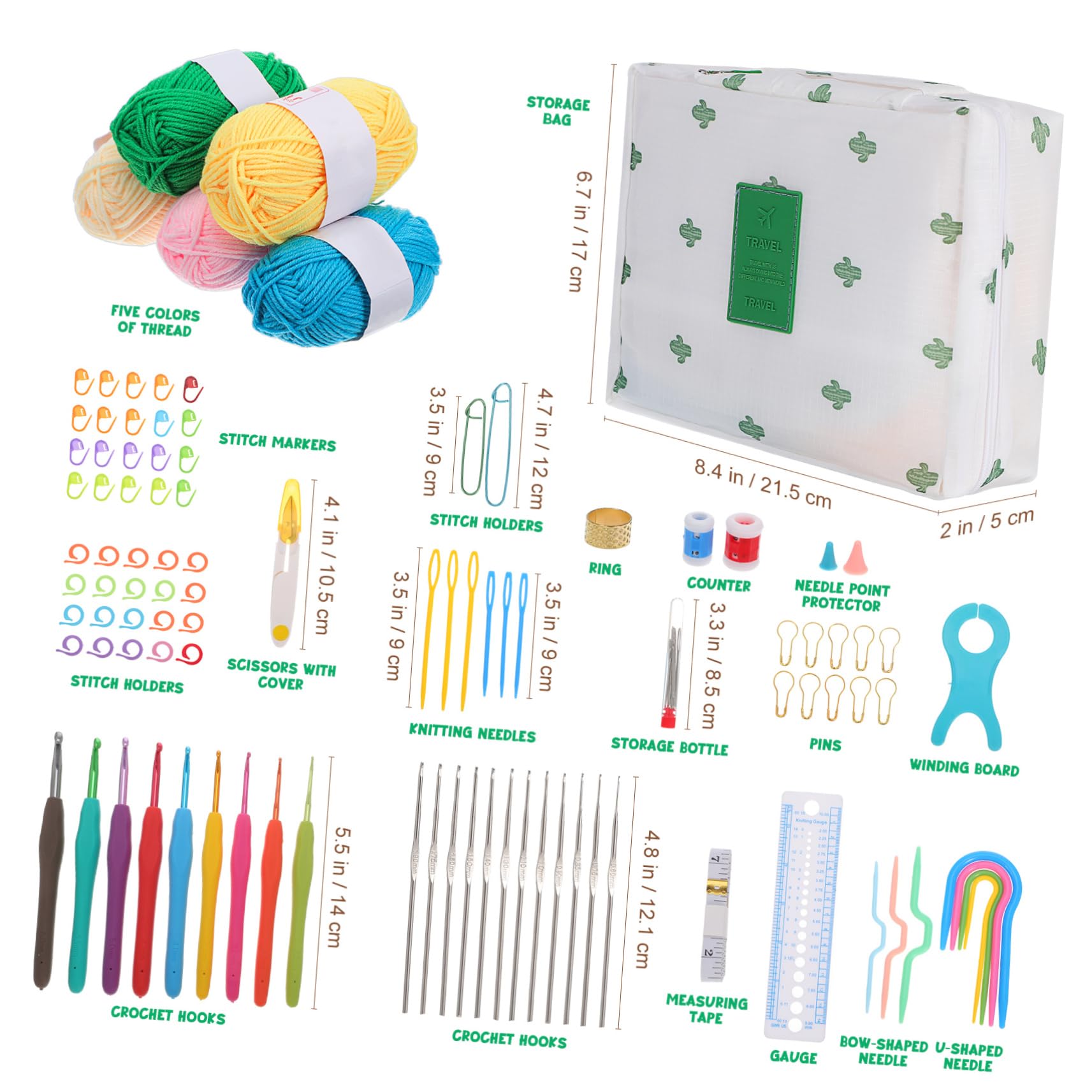 Kit de Crochet para Principiantes Adultos, 1 Juego de Herramientas | Bolsa de Transporte, Hilo y Accesorios de Plástico, Medición Incluida, para Manualidades Portátiles