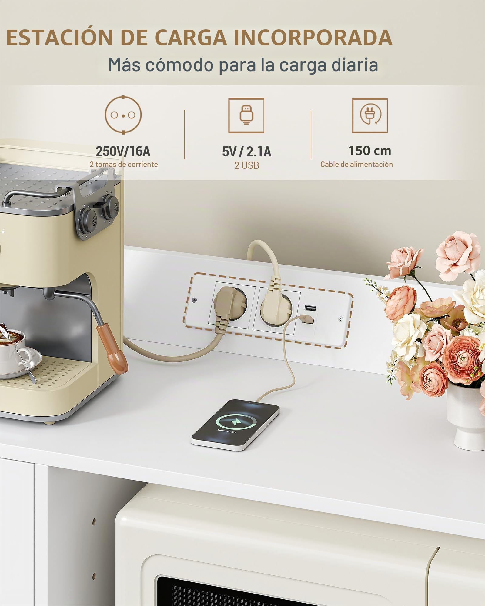 Hzuaneri Aparador Cocina, Mueble Cocina con Encimera, Enchufe Múltiple Integrado, 3 Cajones y 2 Puertas, Estantes Regulables, para Salón, 38 x 90 x 95 cm, Blanco SC31003XEU