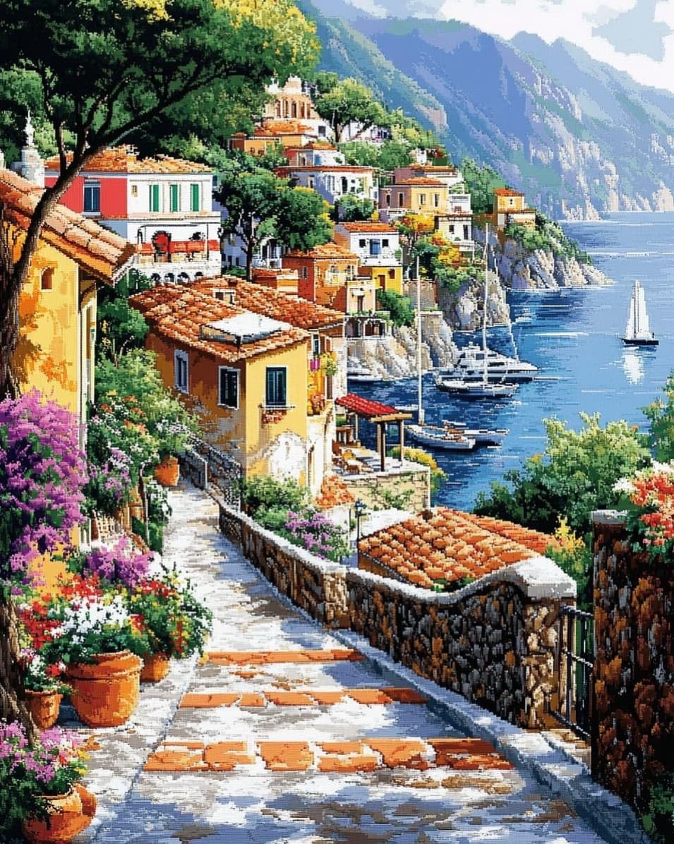 WallustrioaW Embroidery Kit for Beginners,Seaside Town,Cross Stitch Kit with Pattern and Instructions,11CT Hand Crafts Embroidery for Adults,40x50cm