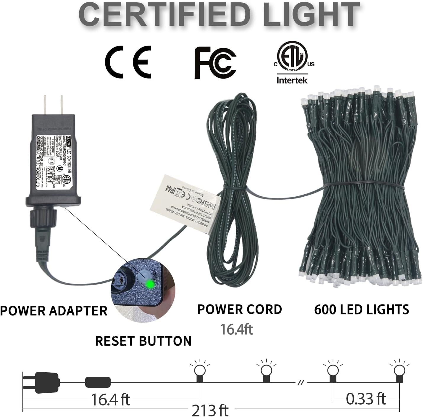 Diagram showing the components of the Lurious Smart WiFi RGB LED Christmas Lights: power adapter, power cord, 600 LED lights, and reset button.