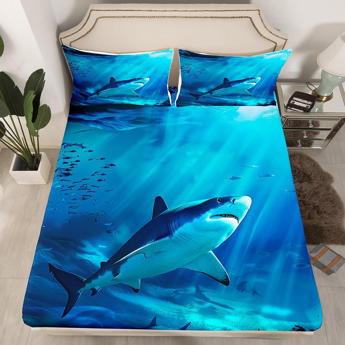 3D Shark Pattern Bedding Set Twin Size Sea Night View at Seas Bed Set for Girls Teens Bedroom Decor Kids Underwater World Fitted Sheet Soft Blue Ocean Bed Cover(1 Fitted Sheet+1 Pillow Case)