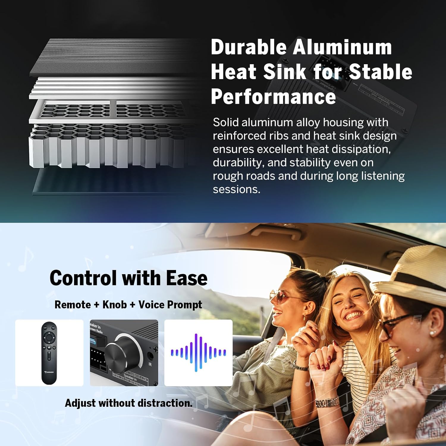 Eonon A303 Universal 16-Pin Car DSP Amplifier, 4x50W Digital Power Amp with Bass/Treble/EQ Adjust, Plug and Play Installation, Remote Control & Voice Prompt
