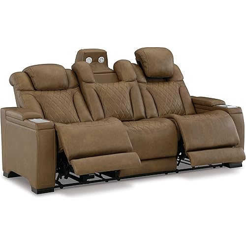 Signature Design by Ashley Strikefirst Contemporary Tufted Leather Power Reclining Sofa with Adjustable Headrest, Light Brown