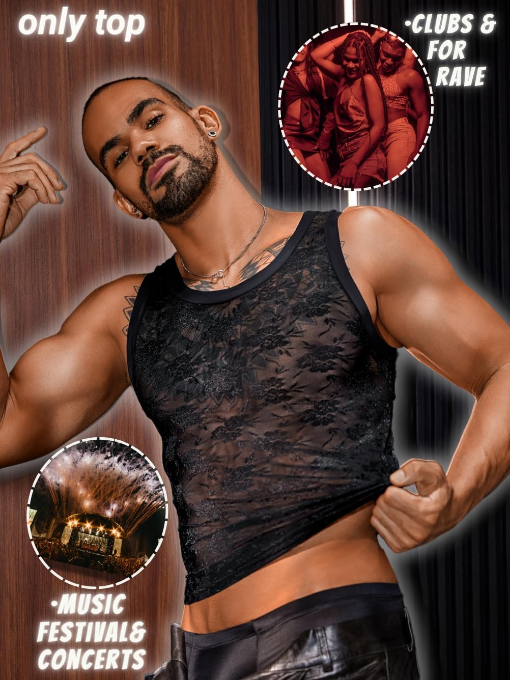 Men's Tank Top, Sheer Lace Undershirts, Sexy Mens Sleeveless Shirt, Sissy Clothes for Men Femboy Lingerie Mesh - Image 7