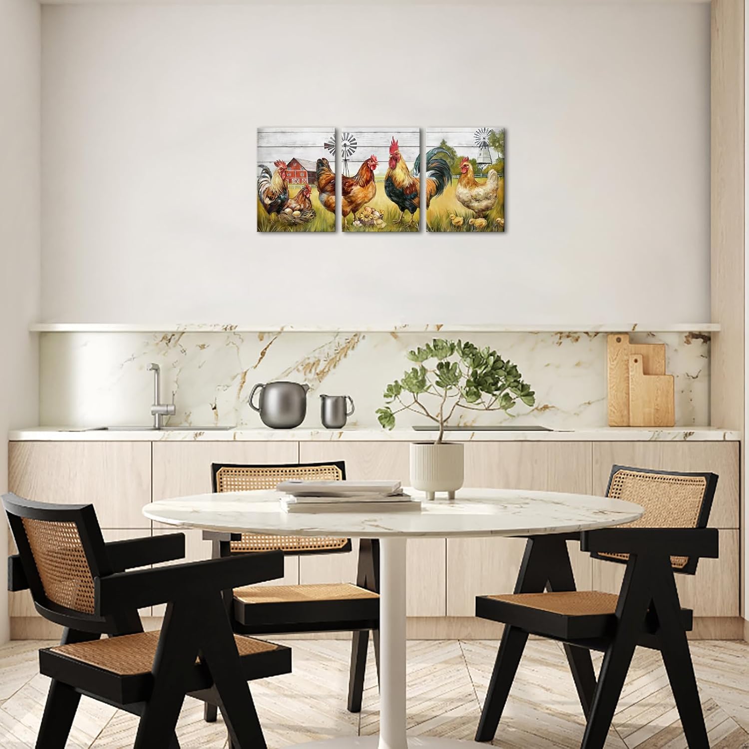 HOMEOART Farmhouse Wall Art Rooster Canvas Wall Art Farm Barn Chicken Pictures Wall Decor Prints Framed 12x16inchx3Pieces,Farmhouse Kitchen Living Room Decor