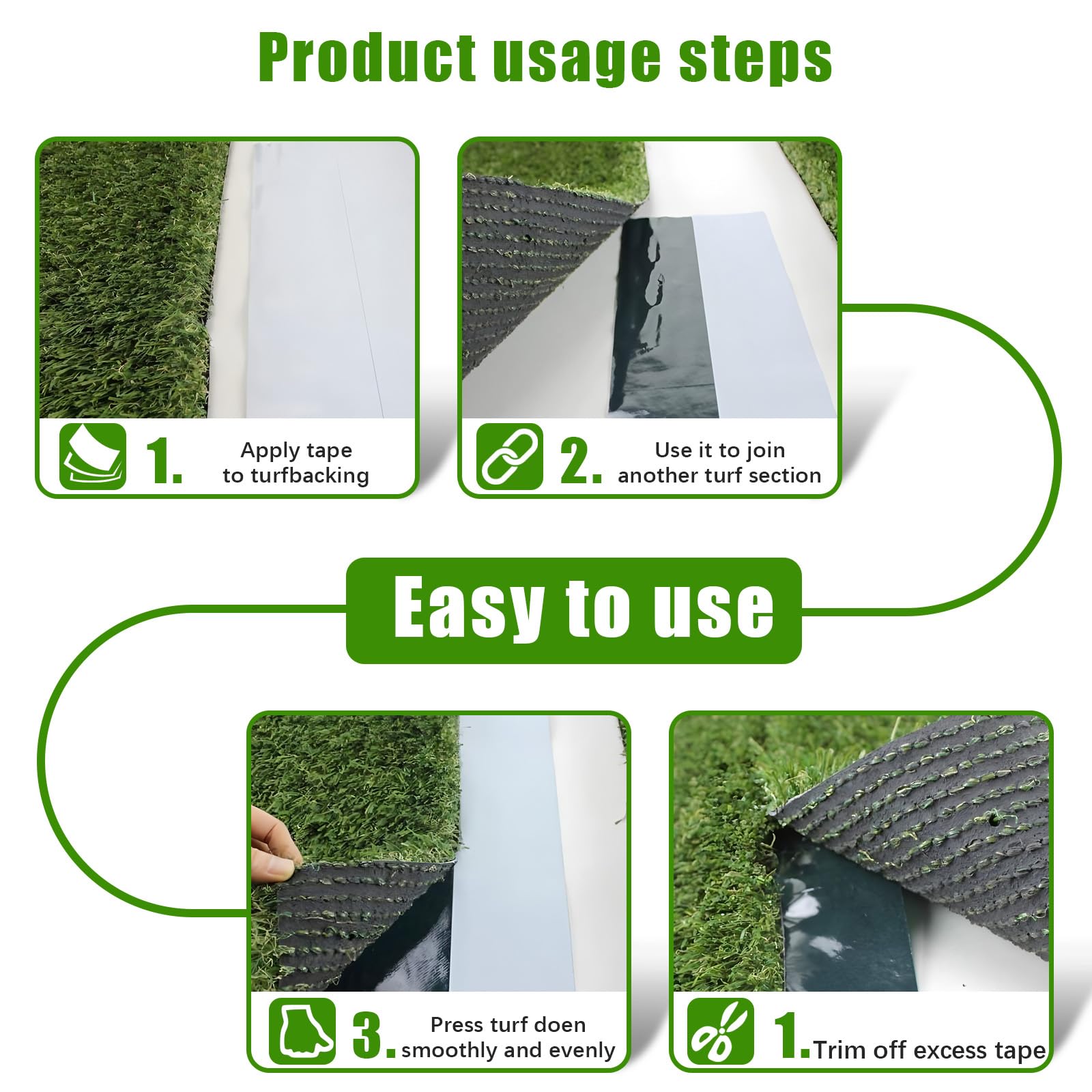 Lot de 2 bandes de gazon artificiel double face 50 mm x 5 m ruban adhésif Vert pour extérieur, jardin, pelouse, moquette