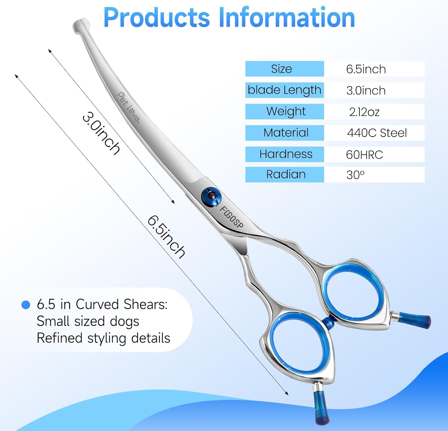 Curved Dog Grooming Scissors with Blunt Tip 6.5 in Safety Curve Shears for Pet Dogs Cat Japan 440C 30°Arc Upward & Downward for Trimming Face and Paws
