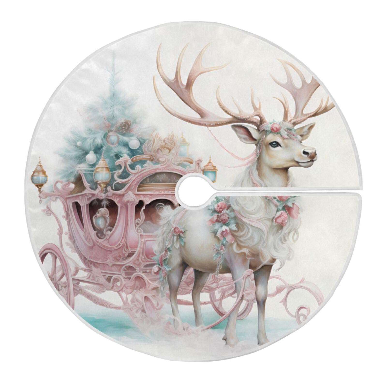 Christmas Tree Skirt, 48 Inch Pink Christmas Elk Xmas Tree Skirt for Christmas New Year Party Decorations Christmas Tree Mat