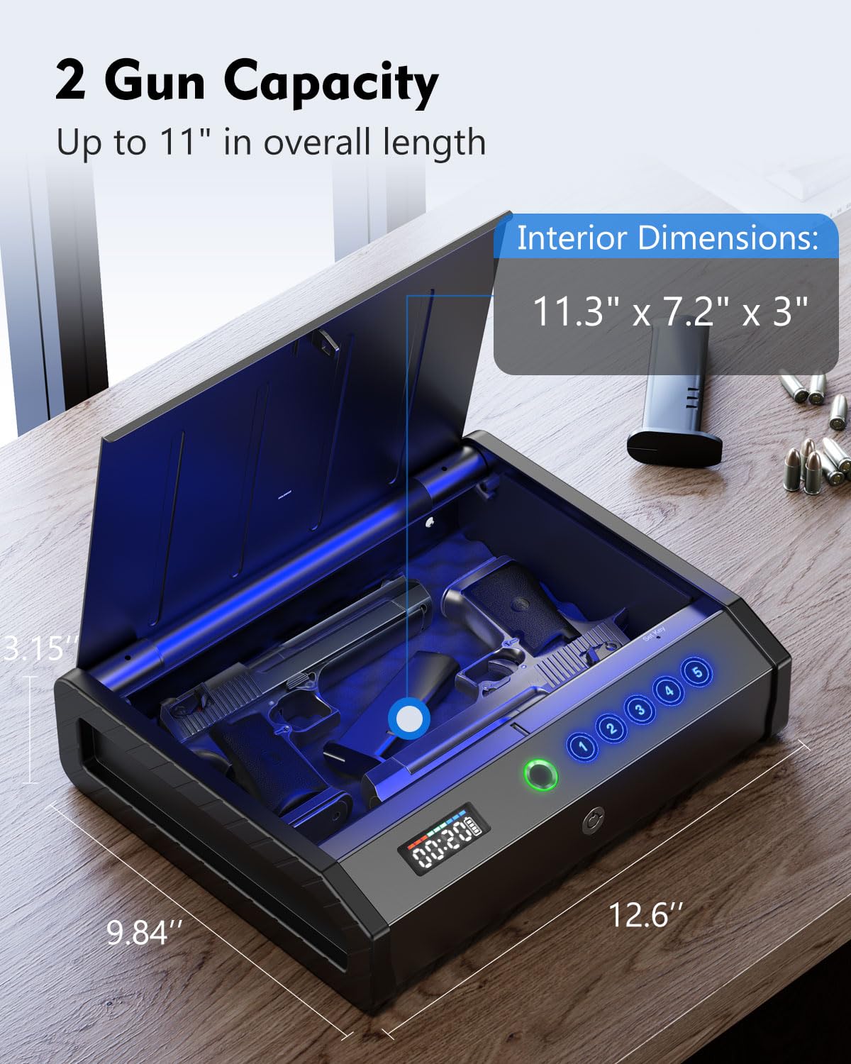 HOLEWOR Gun Safe, Biometric Gun Safes with USB C Port, Pistol Safe Fingerprint Quick Access Handgun Safe for Bedside, Nightstand, Car with LCD Display of Time Battery