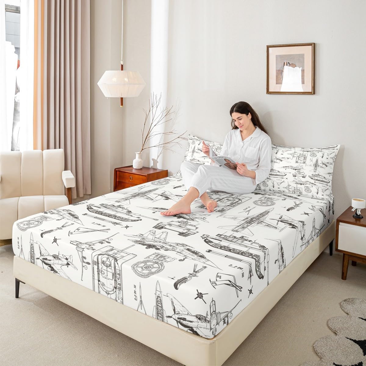 Kids Aircraft Fitted Sheet Queen Size,Army Style Tank Cars Bed Sheet 3Pcs,Sketch Military Theme Bedding Set for Boys Teens Men Bedroom Decor,Fashion Grey White Deep Pocket Sheet,2 Pillowcases