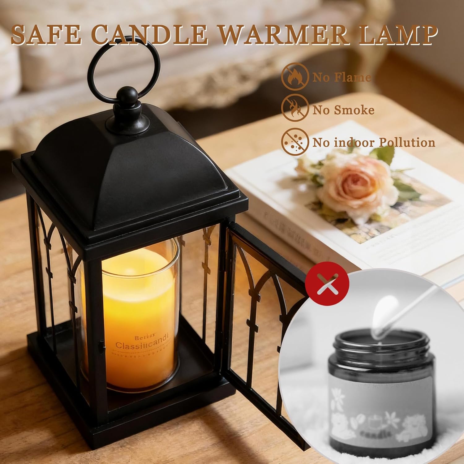 Candle Warmer Lamp with Timer,Dimmable Electric Large Candle Warmer Lantern for Jar Candles,Vintage Enclosed Candle Lamp Warmer for Children Pet Family-Black
