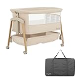 évolur Lullaby Portable Bassinet with Wheels, Adjustable Bedside Sleeper, Breathable Mesh Sides, Large Storage Basket, Easy Fold, and Travel Bag Included, Perfect for Newborns & Infants - Biege